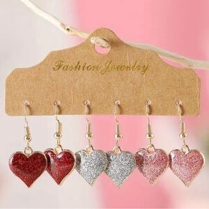 3 Pairs of heart dangle Valentines earrings